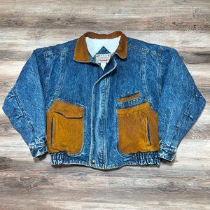 80s Vintage Faux Fur Shearling Lined Denim Trucker Jean Jacket w Leather Pockets